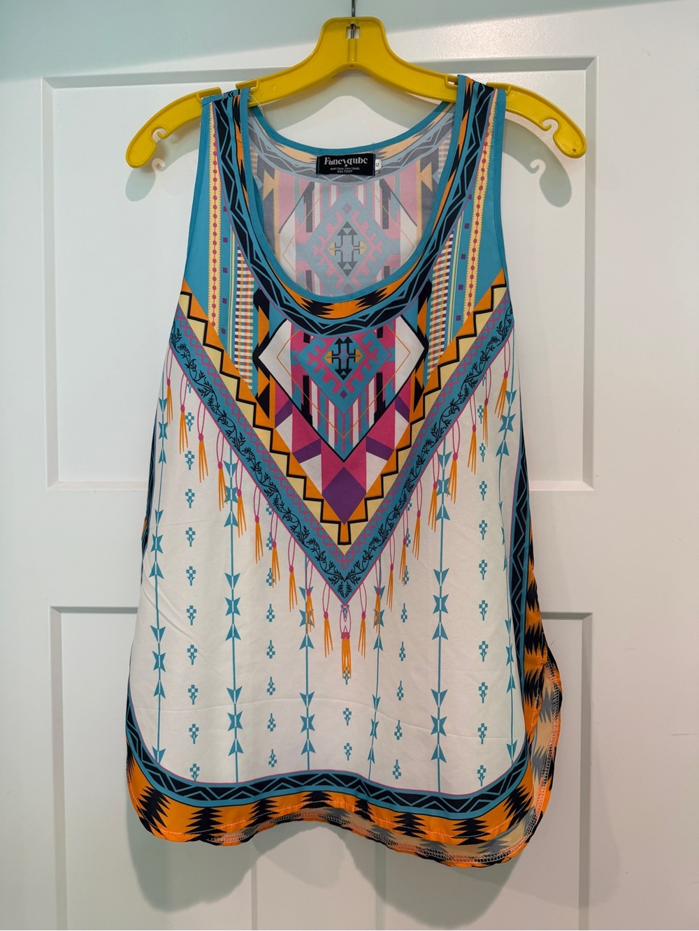 FANCYQUBE Ivory Southwestern Print Tank Top with Teal & Orange Accents-Size S